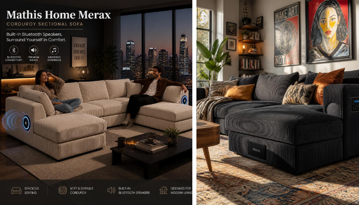mathis home merax corduroy sectional sofa with bluetooth speakers